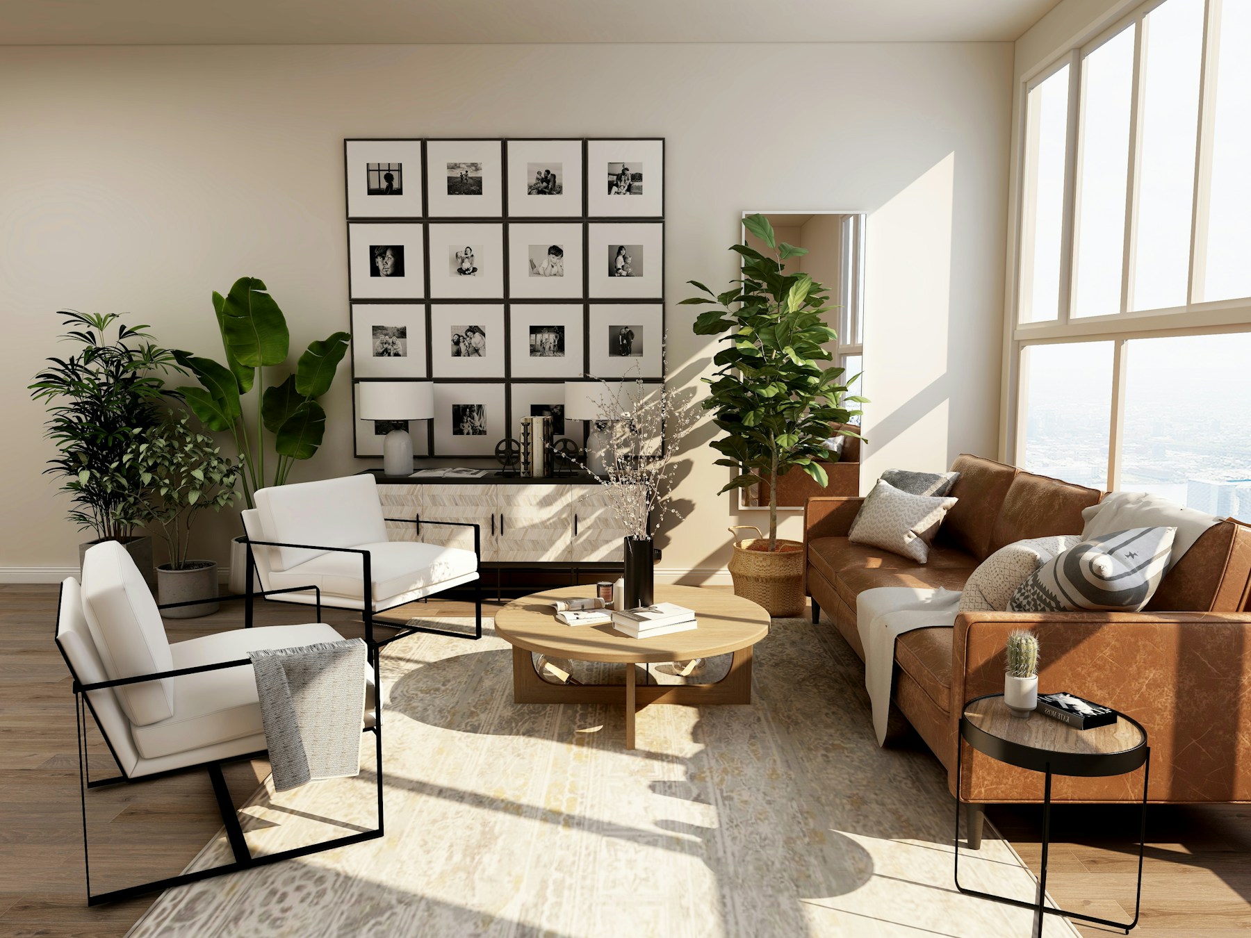Bright modern living room ready for furniture visualization